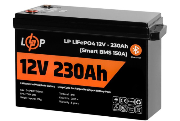 Акумуляторна батарея LogicPower 12V 230 AH (2944Wh) Smart BT для ДБЖ (BMS 150A/75А) LiFePO4