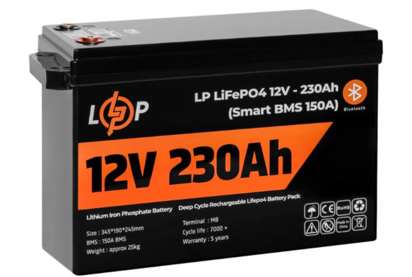 Акумуляторна батарея LogicPower 12V 230 AH (2944Wh) Smart BT для ДБЖ (BMS 150A/75А) LiFePO4