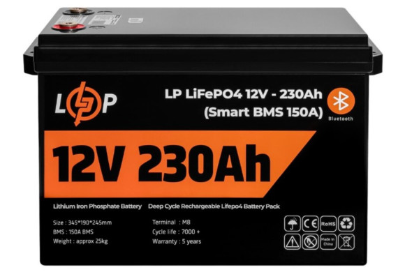 Акумуляторна батарея LogicPower 12V 230 AH (2944Wh) Smart BT для ДБЖ (BMS 150A/75А) LiFePO4